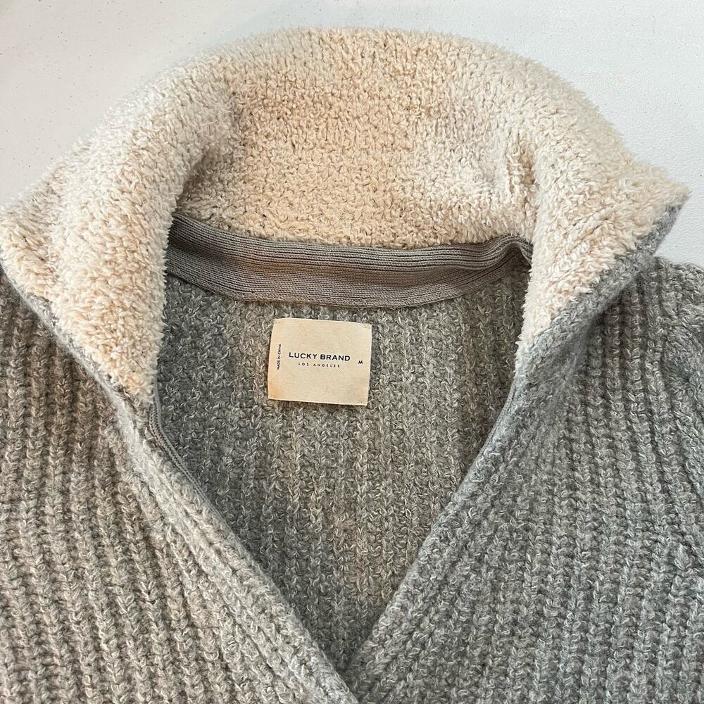 Lucky Brand Cable Knit Cardigan Sweater Wool Blend Chunky V-neck Pockets Gray M - Picture 9 of 16